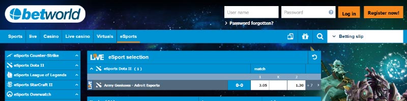 eSports betting markets available at Betworld Sportsbook