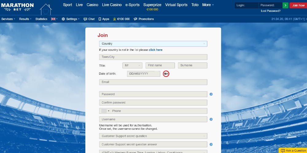 review about Marathonbet Sportsbook registration process