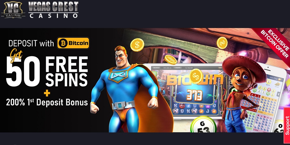 Double your first Bitcoin Deposit and claim 50 free spins with this Vegas Crest Casino Bitcoin Bonus, Bitcoin First Deposit Bonus, Bitcoin Casino, Bitcoin Gambling, Bitcoin Bonus, Cryptocurrency gambling bonus