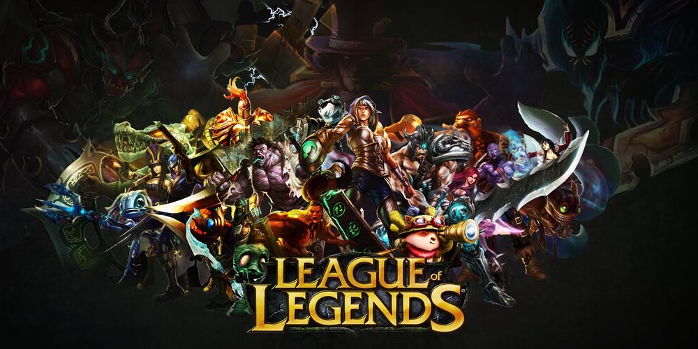 Several League of Legends characters all together in a black background