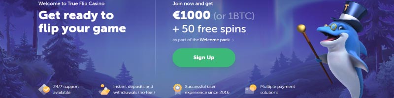 True Flip Casino Welcome Bonus - claim €1,000 first deposit bonus and 50 free spins as well